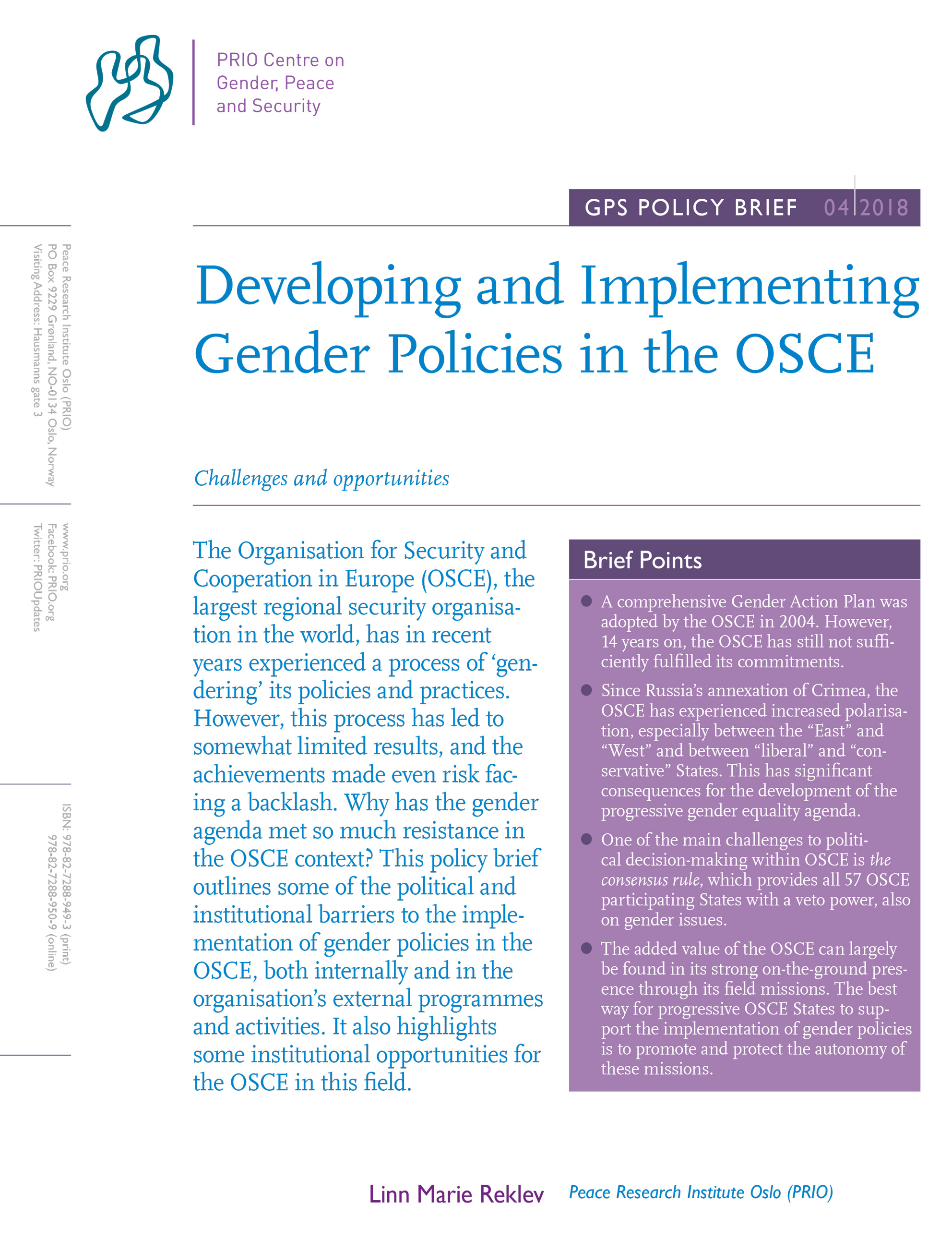Developing And Implementing Gender Policies In The Osce Challenges And Opportunities Peace 6615